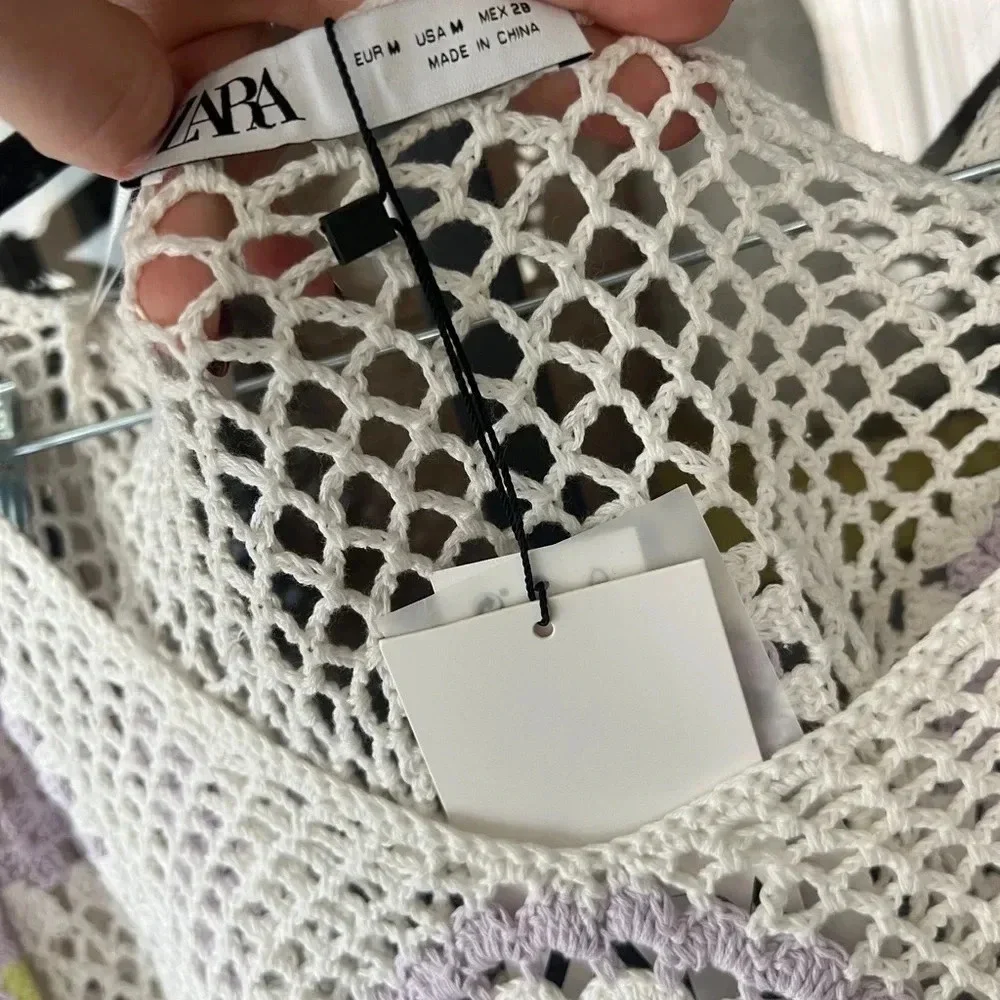 Zara crop top crochet evil eye cover-up wide boat neck swimsuit short sleeve